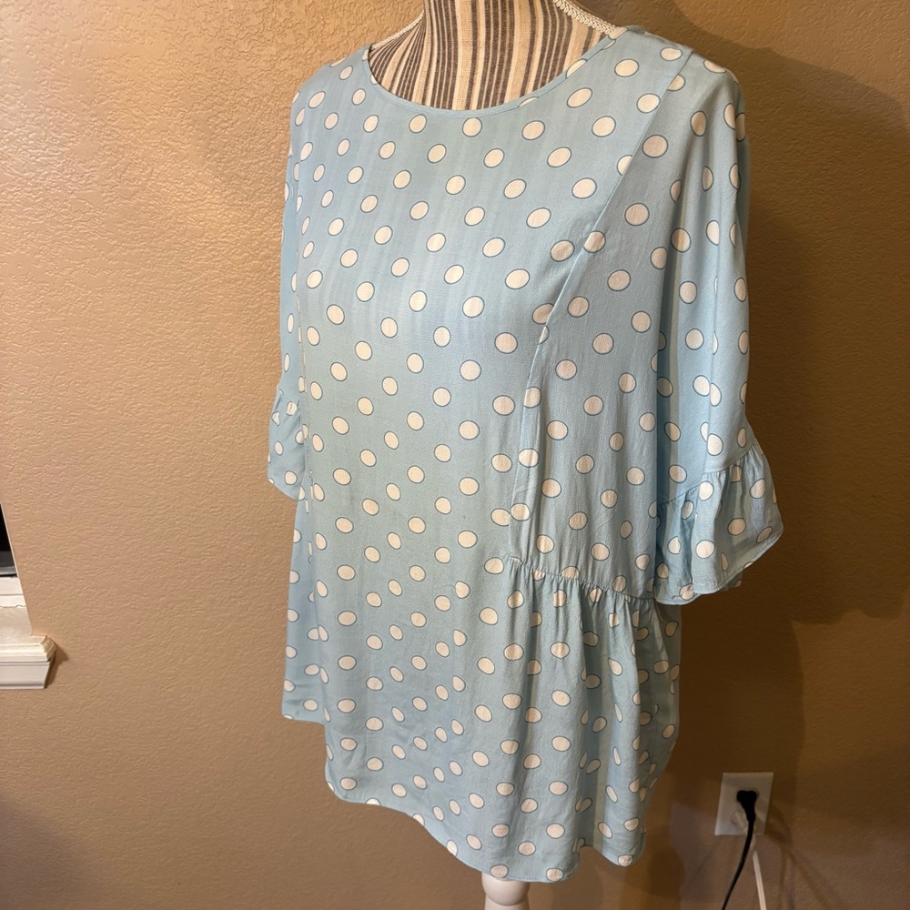 Boden Blouse Sz 12 Caroline Lt Blue White Polka Dot Peplum Viscose Cottagecore - Picture 8 of 16